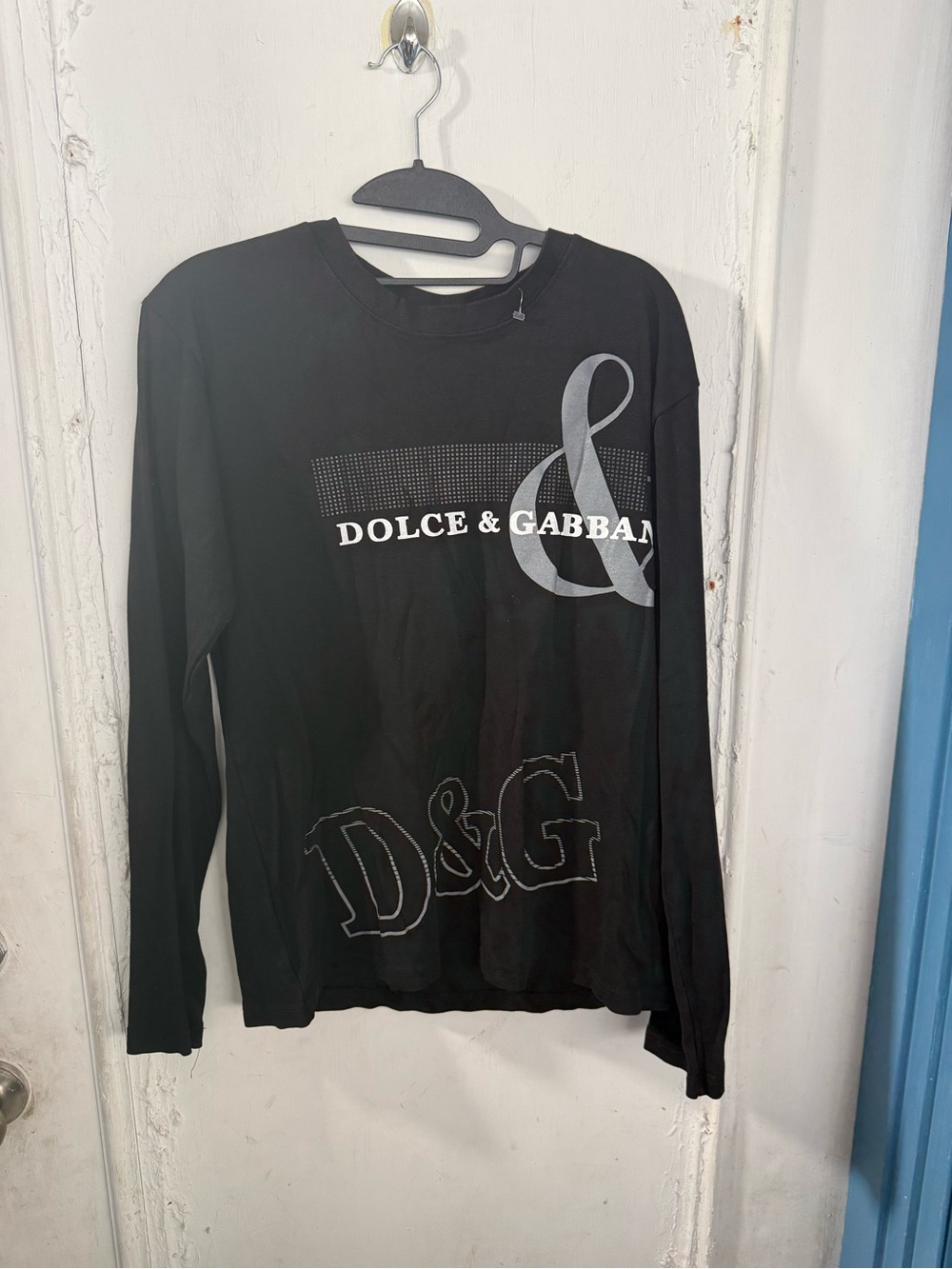 Dolce & Gabbana Black Long Sleeve Logo Tee with Silver Accents